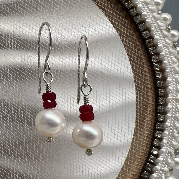 ARTISAN Ruby & Freshwater Pearl Sterling Silver Earrings - Picture 1 of 12